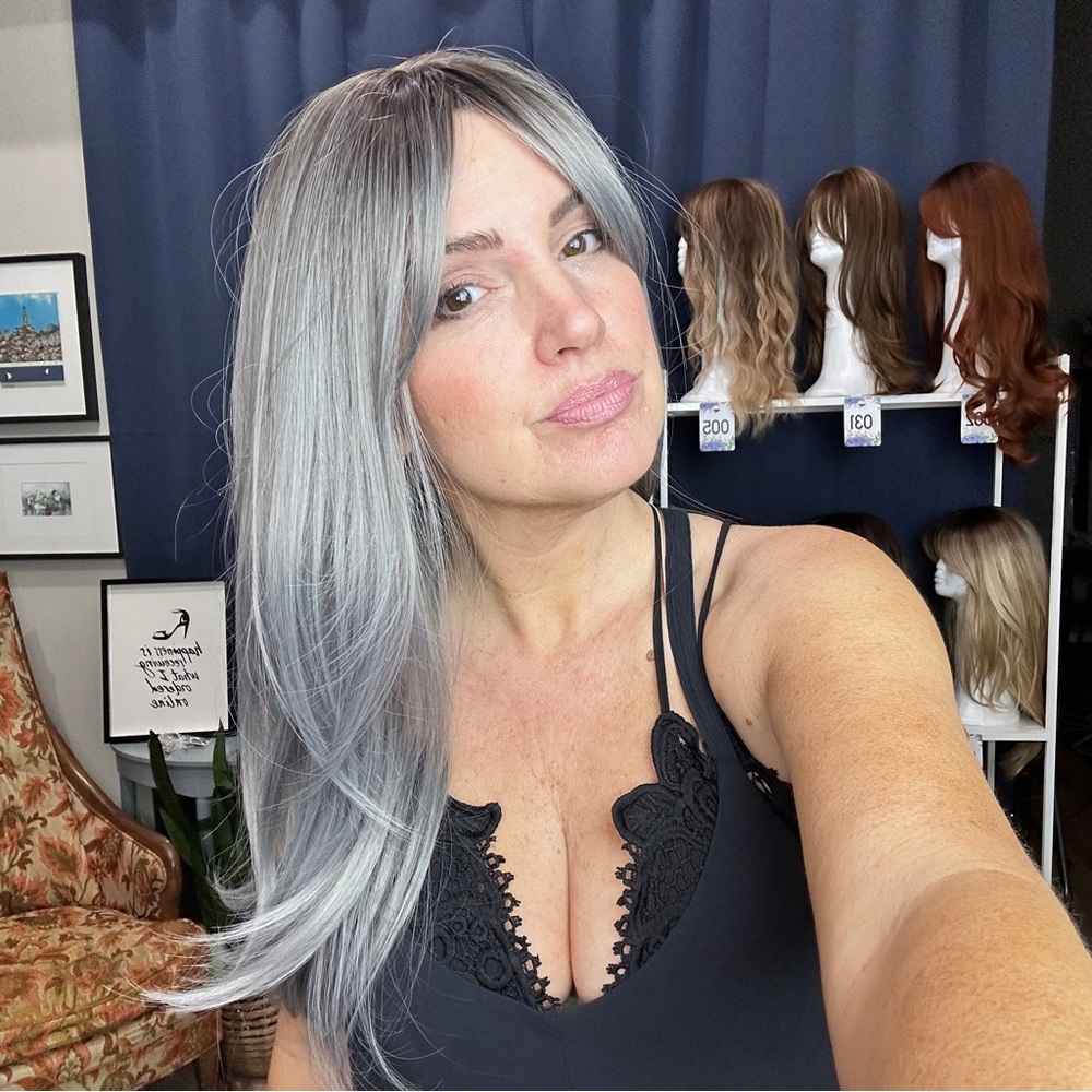 127 Grey Salt n Pepper Long straight Wig with curtain bang rooted 24” synthetic